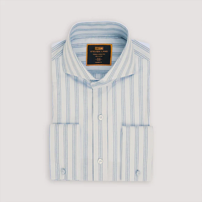 Steven Land Mens Blue Striped 100% Cotton French Cuff Cutaway Collar Dress Shirt