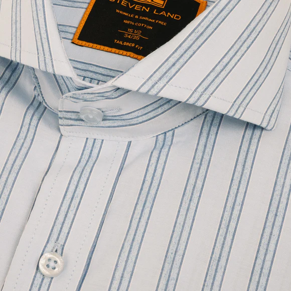 Steven Land Mens Blue Striped 100% Cotton French Cuff Cutaway Collar Dress Shirt