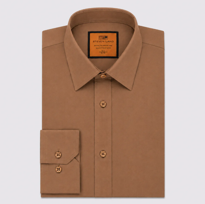 Steven Land Mens Brown 4 Way Stretch Spread Collar Dress Shirt