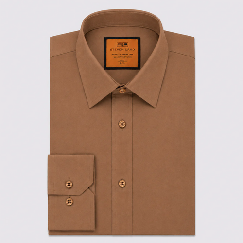Steven Land Mens Brown 4 Way Stretch Spread Collar Dress Shirt