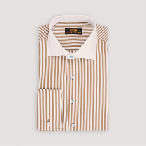Steven Land Mens Brown Striped 100% Cotton French Cuff Cutaway Collar Dress Shirt
