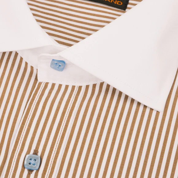 Steven Land Mens Brown Striped 100% Cotton French Cuff Cutaway Collar Dress Shirt