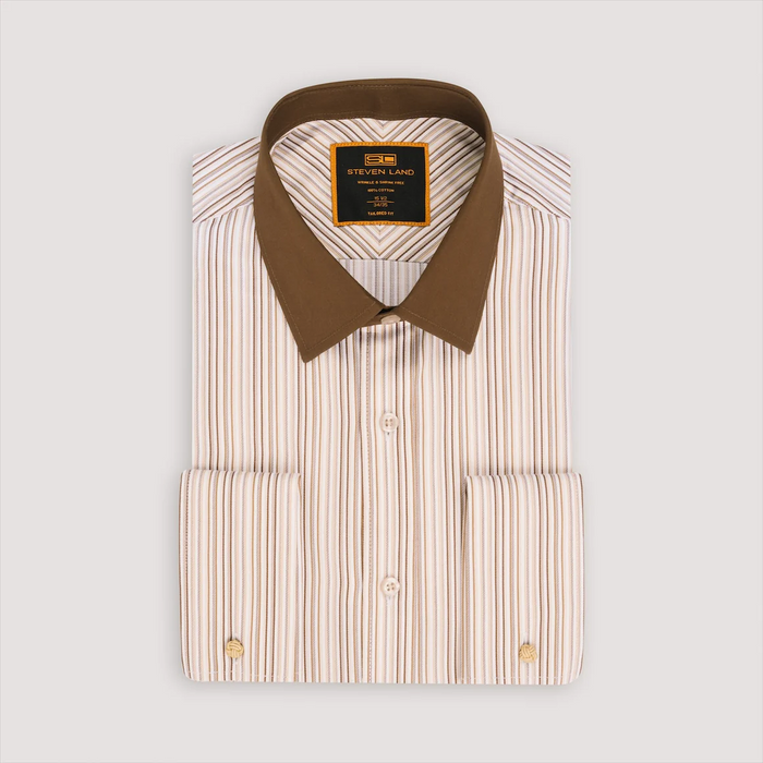 Steven Land Mens Brown Striped 100% Cotton French Cuff Spread Collar Dress Shirt
