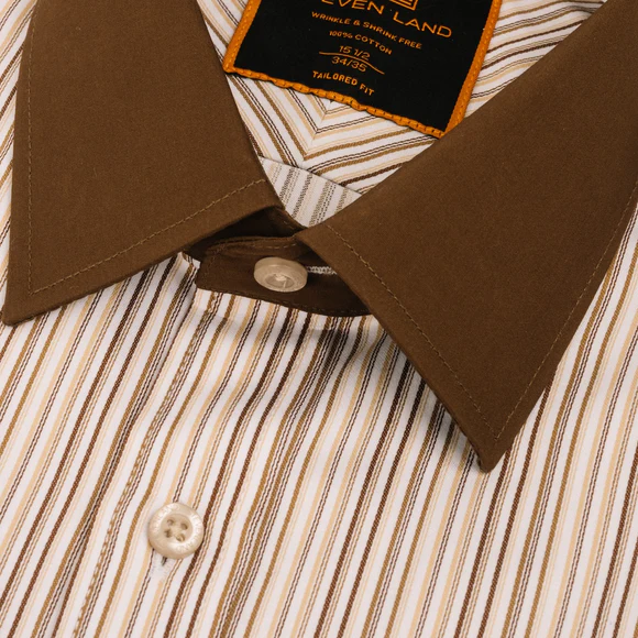 Steven Land Mens Brown Striped 100% Cotton French Cuff Spread Collar Dress Shirt