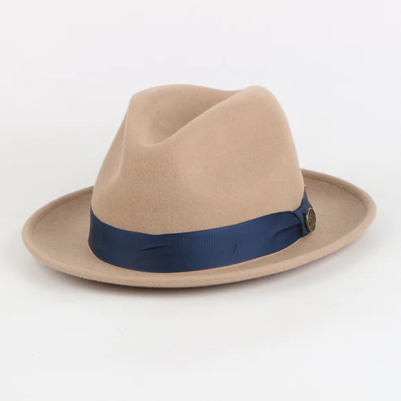 Steven Land Mens Camel Brown & Navy The Bowery Fedora Felt Hat