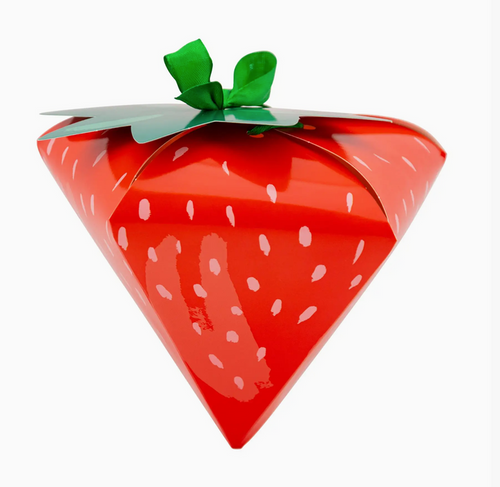Strawberry-shaped gift box with a green leaf on a white background