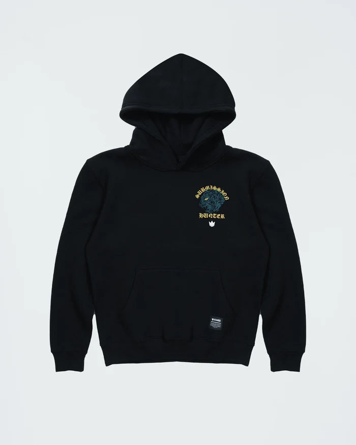 Kingz Submission Hunter Youth Hoodie - Flat Lay Front - Lion Chest Graphic and Pocket - Black - Youth BJJ Hoodie [color:Black]