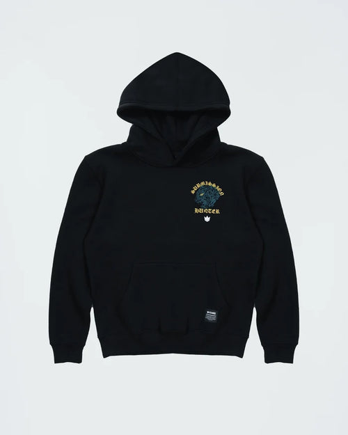 Kingz Submission Hunter Youth Hoodie - Flat Lay Front - Lion Chest Graphic and Pocket - Black - Youth BJJ Hoodie [color:Black]