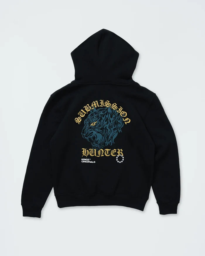 Kingz Submission Hunter Youth Hoodie - Flat Lay Back - Blue Lion and Gold Hunter Print - Black - Youth BJJ Hoodie [color:Black]
