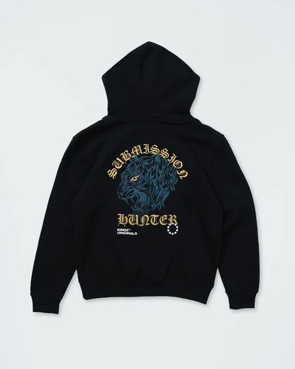 Kingz Submission Hunter Youth Hoodie - Flat Lay Back - Blue Lion and Gold Hunter Print - Black - Youth BJJ Hoodie [color:Black]