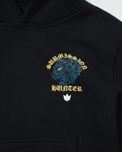 Kingz Submission Hunter Youth Hoodie - Back Print Close Up - Blue Lion Gold Gothic Text - Black - Youth BJJ Hoodie [color:Black]
