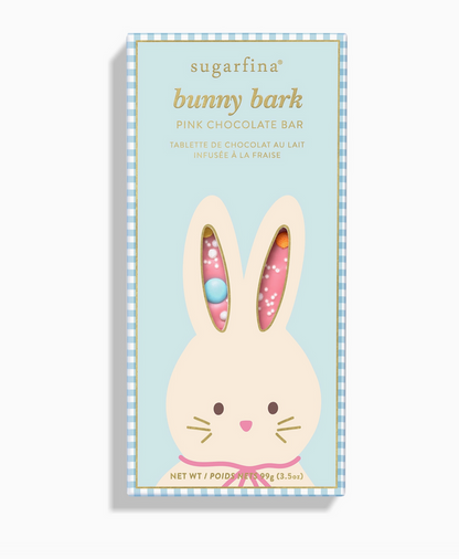 sugarfina bunny bark pink chocolate bar packaging on a white background