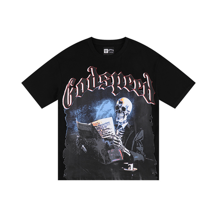 T-Shirt Godspeed skeleton reading newspapers Black | Streetwear