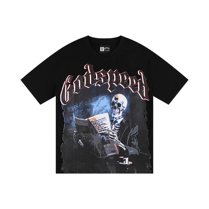 T-Shirt Godspeed skeleton reading newspapers Black | Streetwear
