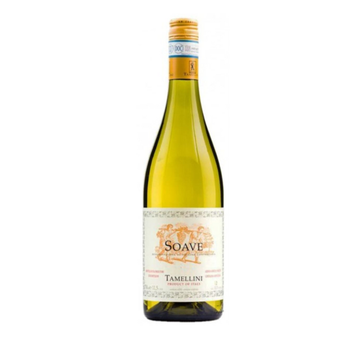 Tamellini Soave 2024 white wine bottle, green glass with gold cap and label