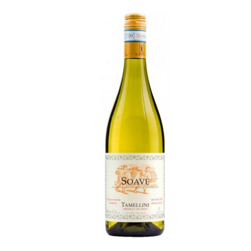 Tamellini Soave 2024 white wine bottle, green glass with gold cap and label
