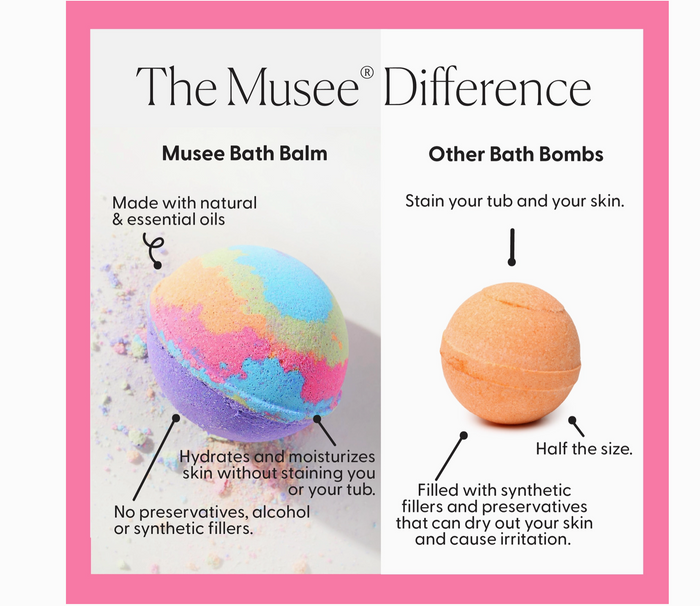 Comparison chart of Musee bath balm versus other bath bombs with text highlighting benefits.