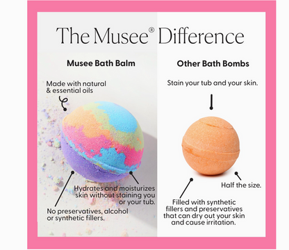 Comparison chart of Musee bath balm versus other bath bombs with text highlighting benefits.