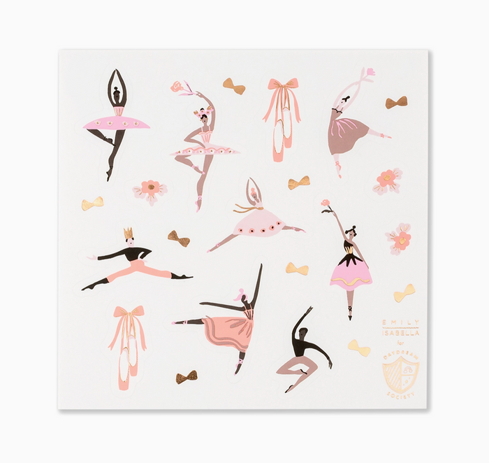 Sheet of ballet-themed stickers with ballerinas and decorative elements on a white background