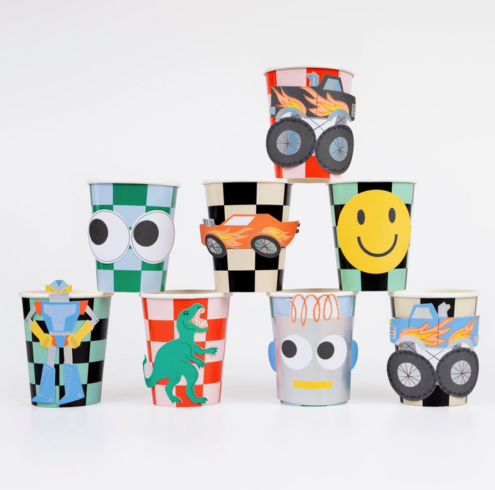 Colorful paper cups with various designs on a white background