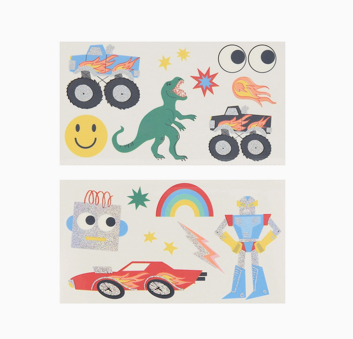 Two sheets of children's temporary tattoos featuring vehicles, a dinosaur, and a robot on a white background.