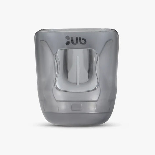 A gray UPPAbaby stroller cup holder with a clear flexible insert and a snap-on clip.