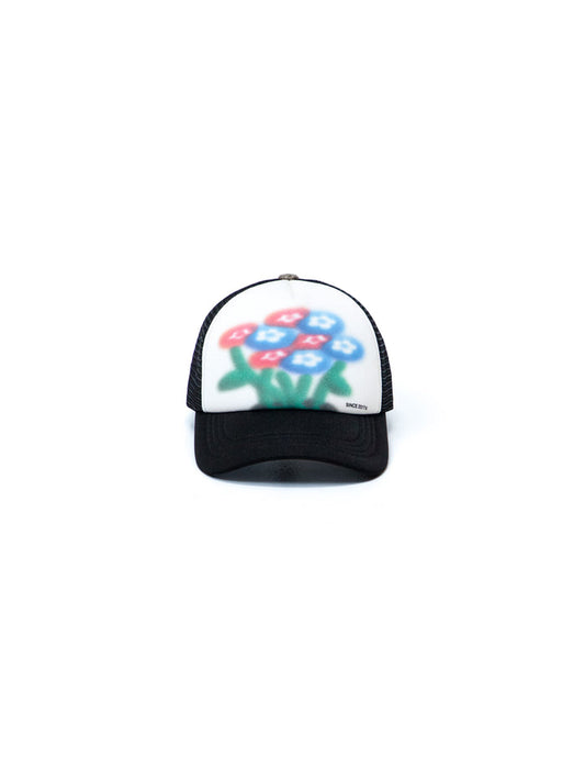 Vandy The Pink Spray Flower Trucker Hat Black