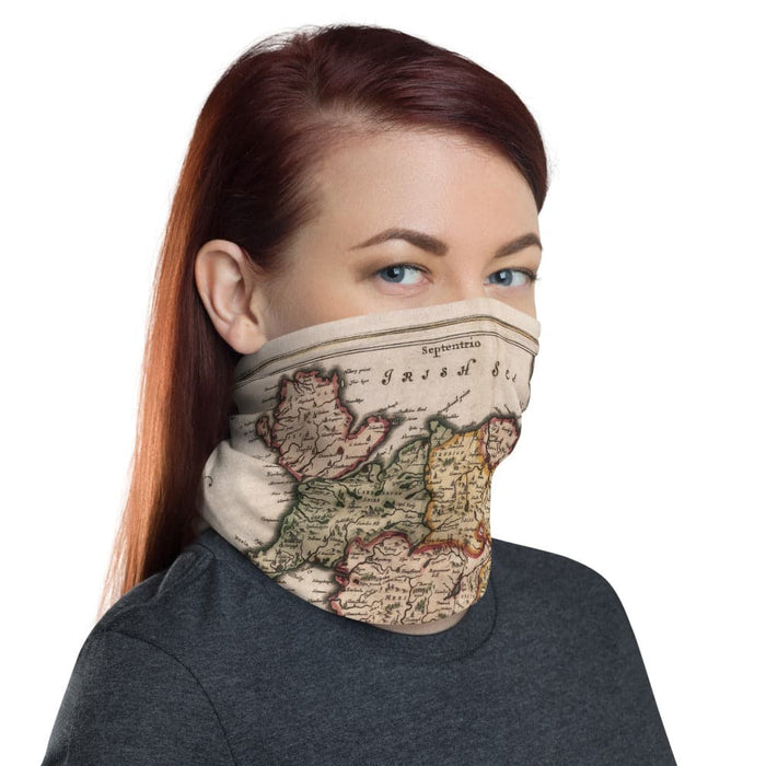 Wales Face Mask / Neck Gaiter / Snood with ancient map of Wales by Jean Blaeu in 1645