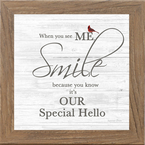 Framed cardinal sympathy wall art on a white slatted background featuring a red cardinal perched on the word ME with a remembrance quote