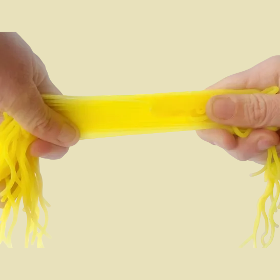 A pair of hands stretching a bright yellow, semi-translucent elastic band or strap against a solid white background.